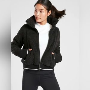 Athleta “Tugga Sherpa Jacket” Zip Up Black with White Stripes and Pockets